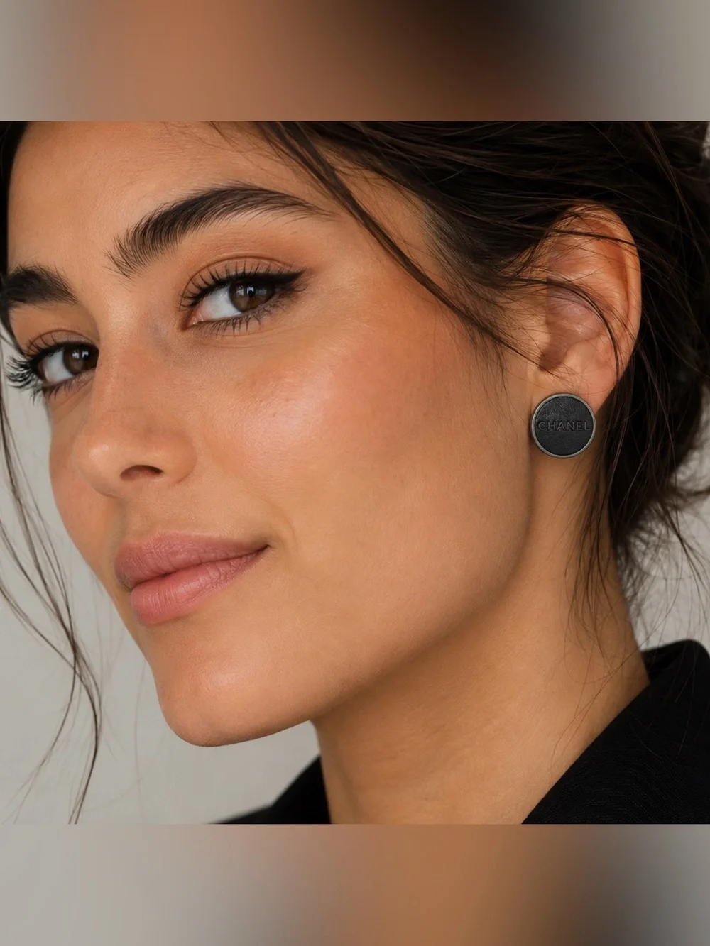 CHANEL Black Embossed Leather Round Clip-On Earrings